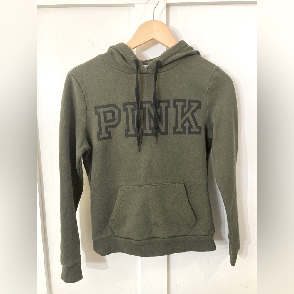 Pink Victoria’s Secret XS hoodie sweatshirt olive green PINK graphics